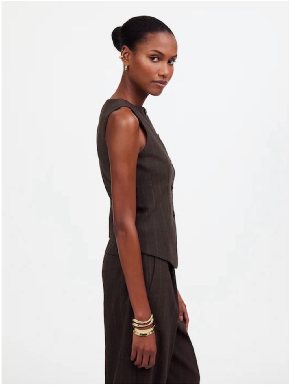 Madewell Single-Breasted Scoopneck Vest Chocolate Wide Pinstripe Size 6 #2175 - Picture 2 of 7
